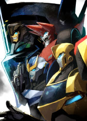 Rule 34 | 1girl, 3boys, autobot, blue eyes, bumblebee, dai-xt, from side, grimlock, gun, highres, holding, holding gun, holding weapon, mecha, multiple boys, no humans, open mouth, robot, sideswipe, strongarm (transformers), transformers, transformers: robots in disguise (2015), v-fin, weapon