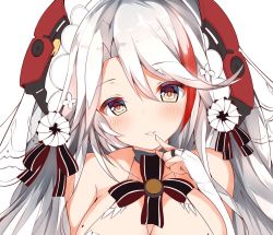 Rule 34 | 1girl, adapted costume, alternate costume, antenna hair, azur lane, bare shoulders, blush, breasts, bridal gauntlets, bridal veil, choker, collarbone, dress, finger to mouth, flower, gloves, hair between eyes, hair flower, hair ornament, head tilt, headgear, large breasts, long hair, looking at viewer, mole, mole on breast, multicolored hair, mutou mame, parted lips, prinz eugen (azur lane), prinz eugen (symphonic fate) (azur lane), red hair, sidelocks, silver hair, smile, solo, streaked hair, swept bangs, two side up, unfinished, veil, very long hair, wedding dress, white dress, white gloves