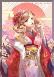 Rule 34 | 10s, 1girl, absurdres, alternate costume, blonde hair, blue eyes, cherry, cherry blossoms, cowboy shot, floral background, flower, food, fruit, head tilt, highres, japanese clothes, long hair, looking at viewer, mozer (zerlinda), nail polish, parted bangs, persona, persona 5, red nails, solo, standing, takamaki anne, tongue, traditional clothes, twintails
