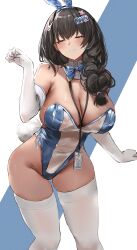 Rule 34 | 1girl, absurdres, animal ears, bare shoulders, black hair, blue bow, blue bowtie, blue leotard, bow, bowtie, braid, braided ponytail, breasts, cleavage, closed eyes, contrapposto, elbow gloves, gloves, goddess of victory: nikke, hair ornament, hair over shoulder, highres, id card, lanyard, large breasts, leotard, liaowen, mary (medical rabbit) (nikke), mary (nikke), meme attire, official alternate costume, parted lips, playboy bunny, rabbit ears, rabbit hair ornament, rabbit tail, solo, tail, thighhighs, translucent bunnysuit, white gloves, white thighhighs