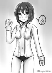 Rule 34 | 1girl, absurdres, arm up, artist name, black panties, blush, breasts, cleavage, clenched hands, collarbone, commentary, cowboy shot, dress shirt, greyscale, hair between eyes, heart, highres, medium breasts, midriff, monochrome, navel, no pants, open clothes, open shirt, panties, raised eyebrows, shirt, short hair, simple background, smile, solo, spoken heart, standing, tomboy, twitter username, u higami, unbuttoned, unbuttoned shirt, underwear, white background, yoshino sawa (hitoiki)