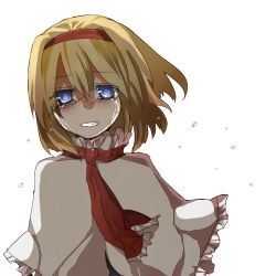 Rule 34 | 1girl, alice margatroid, bad id, bad pixiv id, blonde hair, blue eyes, female focus, hairband, kame, ribbon, short hair, simple background, solo, tears, touhou, upper body, white background