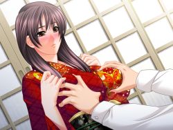 Rule 34 | 1girl, grabbing another&#039;s breast, breasts, brown eyes, brown hair, dutch angle, female focus, game cg, grabbing, indoors, japanese clothes, kimono, male hand, mature female, obi, sash