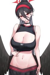 Rule 34 | 1girl, :o, absurdres, alternate costume, aoi riko, black choker, black hair, black skirt, black sweater, black wings, blue archive, blush, breasts, choker, cleavage, cropped sweater, feathered wings, hair between eyes, halo, hasumi (blue archive), head tilt, headband, highres, huge breasts, large breasts, looking at viewer, meme attire, mole, mole under eye, navel, open-chest sweater, ponytail, red eyes, red halo, red headband, ribbed sweater, simple background, skirt, sleeveless, sleeveless sweater, solo, stomach, sweater, white background, wings