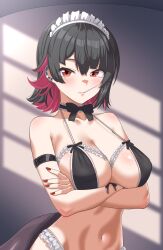 1girl black_hair blush bra breasts cleavage closed_mouth colored_inner_hair crossed_arms earrings ellen_joe fingernails hair_between_eyes highres jewelry kenja_panda large_breasts looking_at_viewer maid_headdress mole mole_under_eye multicolored_hair nail_polish navel red_eyes red_hair red_nails short_hair sidelocks simple_background solo two-tone_hair underwear upper_body zenless_zone_zero