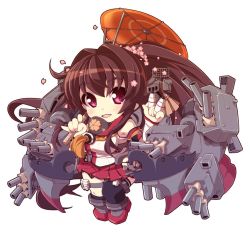 Rule 34 | 10s, 1girl, anchor, asymmetrical legwear, breasts, brown hair, chibi, collar, crazy developers, detached sleeves, flower, hair flower, hair intakes, hair ornament, hip vent, kantai collection, long hair, medium breasts, open mouth, pleated skirt, ponytail, purple eyes, red skirt, rigging, simple background, skirt, solo, thighhighs, turret, type 91 armor-piercing shell, umbrella, uneven legwear, very long hair, white background, yamato (kancolle), zulu (naval flag)