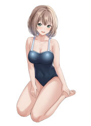 Rule 34 | 1girl, absurdres, bang dream!, bare arms, bare legs, bare shoulders, barefoot, blue one-piece swimsuit, blush, breasts, brown hair, cleavage, collarbone, commentary request, covered navel, full body, green eyes, hand on own foot, hand on own thigh, highres, large breasts, looking at viewer, one-piece swimsuit, parted lips, ptal, raised eyebrows, school swimsuit, seiza, short hair, simple background, sitting, smile, solo, swimsuit, thighs, white background, yamato maya