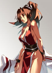 Rule 34 | 1girl, bare shoulders, breasts, brown eyes, brown hair, cleavage, fatal fury, female focus, fingerless gloves, folded fan, folding fan, gloves, gradient background, groin, hand fan, highres, japanese clothes, l.k, large breasts, long hair, looking at viewer, no bra, pelvic curtain, ponytail, revealing clothes, shiranui mai, sideboob, smile, snk, solo, the king of fighters