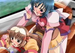 Rule 34 | 00s, 2girls, :o, age difference, all fours, bent over, blue hair, blush, breasts, brown hair, cockpit, covered erect nipples, dress, dutch angle, elbow gloves, embarrassed, femdom, frills, gloves, grey eyes, hair ornament, hair ribbon, j.h., kotona elegance, large breasts, leaning forward, long hair, lying, multiple girls, on stomach, open mouth, purple eyes, re mii, ribbon, sexually suggestive, short dress, spread legs, straddling, surprised, thighhighs, white legwear, window, yuri, zettai ryouiki, zoids, zoids genesis