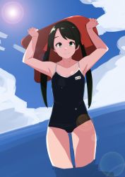 Rule 34 | 1girl, alternate costume, bare shoulders, black hair, black one-piece swimsuit, bow, character name, clothes writing, collarbone, gluteal fold, green eyes, hair bow, highres, holding, kantai collection, long hair, mikuma (kancolle), mori tarou, one-piece swimsuit, partially submerged, red bow, school swimsuit, smile, solo, swimsuit, thighs, twintails