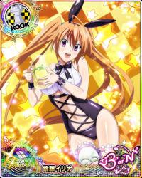 Rule 34 | 1girl, ahoge, animal ears, bare shoulders, bow, bowtie, breasts, brown hair, card (medium), checkered background, chess piece, cleavage, clothing cutout, covered erect nipples, fake animal ears, food, frilled thighhighs, frills, fruit, high school dxd, high school dxd born, holding, lemon, lemon slice, lemonade, leotard, long hair, looking at viewer, navel, navel cutout, official art, open mouth, purple eyes, rabbit ears, rook (chess), shidou irina, sleeveless, solo, star (symbol), thighhighs, twintails