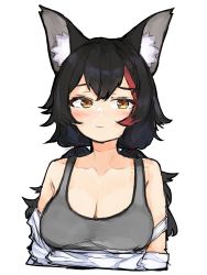 Rule 34 | 1girl, absurdres, animal ears, black hair, blush, breasts, brown eyes, cleavage, closed mouth, highres, hololive, large breasts, long hair, looking at viewer, multicolored hair, ookami mio, raised eyebrow, red hair, simple background, solo, suzu coconatu, tank top, twintails, virtual youtuber, white background