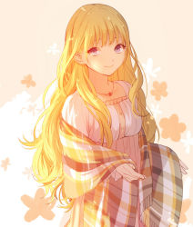 Rule 34 | 1girl, blonde hair, blush, closed mouth, collarbone, floral background, fringe trim, high-waist skirt, jewelry, long hair, long sleeves, looking at viewer, natural wind, necklace, original, pink skirt, plaid, purple eyes, shawl, shirt, skirt, smile, solo, straight hair, upper body, wavy hair, white shirt