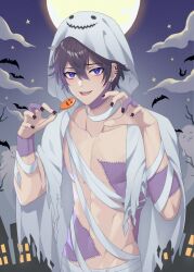 Rule 34 | 1boy, bandages, black hair, candy, cloud, earrings, finch (blanc1771), food, halloween, halloween costume, highres, indie virtual youtuber, jack-o&#039;-lantern, jewelry, looking at viewer, male focus, moon, muscular, muscular male, night, open mouth, purple eyes, short hair, shoto (vtuber), sky, smile, solo, stitches, topless male, virtual youtuber