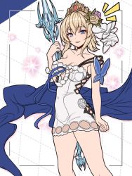 Rule 34 | 1girl, bare shoulders, blonde hair, blue eyes, blue ribbon, blush, breasts, cleavage, collarbone, dress, europa (granblue fantasy), flower, granblue fantasy, grid background, hair flower, hair ornament, highres, large breasts, ll 0109, looking at viewer, outside border, polearm, ribbon, short dress, short hair, smile, solo, thighs, tiara, weapon, white dress
