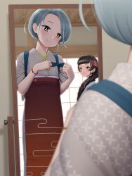 2girls adjusting_clothes apron black_hair blue_hair blunt_bangs blush braid commentary_request grey_kimono indoors japanese_clothes kantai_collection kimono long_hair mirror multicolored_hair multiple_girls porupurucha red_hair short_hair smile tamanami_(kancolle) tamanami_(saury_festival)_(kancolle) yamashio_maru_(kancolle) yellow_eyes