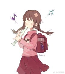 Rule 34 | 1girl, backpack, bag, bag charm, blush, braid, brown hair, charm (object), chinese commentary, closed eyes, commentary request, facing viewer, flute, highres, holding flute, holding instrument, iovebly, long hair, long sleeves, madotsuki, musical note, pink sweater, playing flute, pleated skirt, randoseru, red bag, red skirt, simple background, skirt, solo, standing, sweater, turtleneck, twin braids, weibo watermark, white background, yume nikki