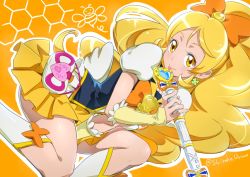 Rule 34 | 10s, 1girl, :p, artist name, bee, blonde hair, brooch, bug, cure honey, happinesscharge precure!, heart, heart brooch, insect, long hair, looking at viewer, magical girl, oomori yuuko, orange background, ponytail, precure, shiitake urimo, solo, tongue, tongue out, wide ponytail, yellow eyes