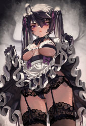 Rule 34 | 1girl, ahoge, apron, black bow, black bowtie, black gloves, black hair, black panties, bow, bowtie, breasts, breasts apart, clothes lift, frilled apron, frills, garter belt, gloves, hair between eyes, hair ribbon, highres, large breasts, lifted by self, long hair, mole, mole on breast, original, panties, parted lips, priite hari (torriet), purple bow, purple eyes, ribbon, skirt, skirt lift, solo, thighhighs, torriet, twintails, underwear