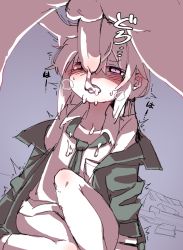 Rule 34 | 1boy, 1girl, after fellatio, blush, bottomless, breath, coat, cum, cum in mouth, girls&#039; frontline, green coat, green neckwear, highres, m200 (girls&#039; frontline), penis, purple eyes, red miso, shirt, sitting, testicles, white hair, white shirt
