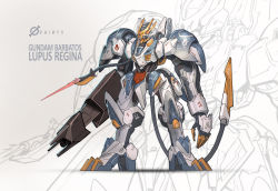 Rule 34 | alternate form, arm cannon, character name, commentary, energy blade, english commentary, glowing, glowing eye, green eyes, gundam, gundam barbatos, gundam barbatos lupus rex, gundam tekketsu no orphans, highres, kevin koesnodihardjo, long arms, looking down, mecha, mechanical tail, no humans, open hand, redesign, robot, science fiction, solo, tail, v-fin, weapon, zoom layer