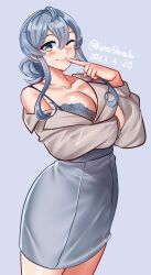 Rule 34 | 1girl, absurdres, blue background, blue bra, blue eyes, blue hair, bra, breasts, cleavage, cowboy shot, dated, feet out of frame, finger to mouth, gotland (kancolle), grey jacket, grey skirt, hair bun, highres, jacket, kantai collection, katou shinobu, large breasts, long hair, mole, mole under eye, one-hour drawing challenge, one eye closed, pencil skirt, simple background, single hair bun, skirt, solo, twitter username, underwear