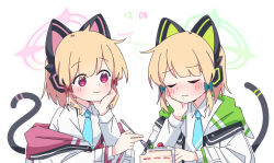 Rule 34 | 2girls, :3, animal ear headphones, animal ears, arm support, blonde hair, blue archive, blue necktie, blush, bow, cake, cake slice, cat ear headphones, cat tail, closed eyes, collared shirt, dated, fake animal ears, food, fork, green bow, green halo, hair bow, halo, head rest, headphones, highres, holding, holding fork, jacket, looking at another, midori (blue archive), momoi (blue archive), multicolored clothes, multicolored jacket, multiple girls, necktie, pink eyes, pink halo, red bow, seal 007, shirt, short hair, siblings, sisters, smile, sweatdrop, tail, twins, white background, white shirt