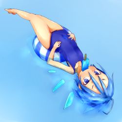 Rule 34 | 1girl, ahoge, alternate costume, barefoot, blue eyes, blue hair, breasts, cirno, covered navel, fairy, floating, food, full body, hair between eyes, ice, ice wings, looking at viewer, matching hair/eyes, navel, one-piece swimsuit, popsicle, short hair, small breasts, solo, swimsuit, touhou, wings, yoshiyuki (14330975)