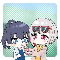 Rule 34 | 2girls, blue eyes, blue hair, blue one-piece swimsuit, blush, bob cut, border, brown jacket, colored inner hair, commentary, dark blue hair, diagonal bangs, dotted background, drink, drinking straw, drinking straw in mouth, grey hair, hair ornament, hair scrunchie, highres, holding, holding drink, inverted bob, jacket, link! like! love live!, love live!, love live! days: love live! general magazine, medium hair, multicolored hair, multiple girls, murano sayaka, o3o, official alternate costume, official alternate hairstyle, one-piece swimsuit, open clothes, open jacket, outside border, ponytail, puckered lips, red-framed eyewear, red eyes, red hair, scrunchie, seya (0on888), sharing, short hair, streaked hair, sunglasses, swimsuit, tank top, towel, towel around neck, virtual youtuber, white border, white scrunchie, yellow tank top, yugiri tsuzuri