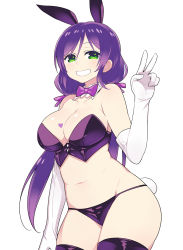 Rule 34 | 10s, 1girl, animal ears, bikini, blush, bow, bowtie, breasts, chan co, cowboy shot, detached collar, elbow gloves, gloves, green eyes, highres, large breasts, long hair, looking at viewer, love live!, love live! school idol project, navel, purple bikini, purple hair, purple thighhighs, rabbit ears, rabbit girl, rabbit tail, simple background, smile, solo, swimsuit, tail, thighhighs, tojo nozomi, twintails, v, white background, white gloves