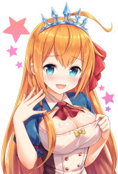 Rule 34 | 1girl, :d, ahoge, ascot, blue eyes, blush, bow, breasts, brown hair, cleavage, commentary request, hair between eyes, hair ribbon, hands up, highres, large breasts, long hair, looking at viewer, open mouth, pecorine (princess connect!), princess connect!, puffy short sleeves, puffy sleeves, red ascot, red ribbon, ribbon, short sleeves, simple background, smile, solo, star (symbol), sweat, tiara, tomo (tmtm mf mf), transparent, upper body, very long hair, white background, yellow bow