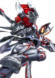 Rule 34 | 1boy, aiming, aiming at viewer, armor, bodysuit, boost mark ix buckle, boots, cape, commentary request, driver (kamen rider), flaming eye, fox mask, geats buster qb9, glowing, glowing eyes, gunblade, helmet, highres, holding, holding sword, holding weapon, kamen rider, kamen rider geats, kamen rider geats (series), kamen rider geats ix, light particles, male focus, mask, masukudo (hamamoto hikaru), solo, sword, weapon, white background, white footwear, yellow eyes