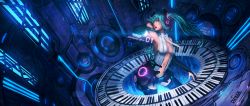 Rule 34 | 1girl, arm up, armpits, bridal gauntlets, center opening, character name, hatsune miku, hatsune miku (append), hexagon, highres, ishutani, long image, navel, necktie, open mouth, piano keys, solo, speaker, thighhighs, twintails, vocaloid, vocaloid append, wide image