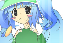 Rule 34 | 1girl, blue dress, blue eyes, blue hair, blush stickers, close-up, dress, female focus, green hat, hat, itose ikuto, kawashiro nitori, long sleeves, looking at viewer, matching hair/eyes, mouth hold, solo, touhou, two side up, upper body