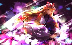 Rule 34 | 1girl, armband, blonde hair, blurry, bow, breasts, closed umbrella, congming lan, cowboy shot, depth of field, dress, hair bow, hat, hat ribbon, light, long hair, long sleeves, looking at viewer, mob cap, red eyes, ribbon, sideways glance, smile, solo, space, standing, tabard, taut clothes, taut dress, touhou, transparent, umbrella, very long hair, white dress, wide sleeves, wind, yakumo yukari
