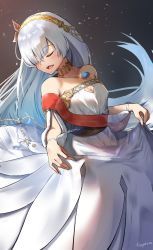 Rule 34 | 1girl, absurdres, anastasia (fate), bare shoulders, blush, breasts, cleavage, closed eyes, collarbone, fate/grand order, fate (series), hair over one eye, hairband, hamanashi (trapiorra), highres, large breasts, long hair, open mouth, silver hair, smile, solo, very long hair