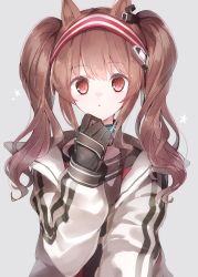 Rule 34 | 1girl, :o, a.a (aa772), angelina (arknights), animal ears, arknights, black gloves, blush, brown hair, collar, commentary request, fox ears, gloves, glowing, hairband, hand up, highres, jacket, long hair, long sleeves, looking at viewer, open clothes, open jacket, parted lips, red eyes, red hairband, sidelocks, simple background, solo, twintails, two-tone hairband, upper body, white background, white jacket