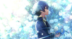 Rule 34 | 1623, 1boy, blue flower, blue hair, blue rose, blue theme, bouquet, brown eyes, closed mouth, dankira!!!, facing to the side, flower, highres, holding, holding bouquet, kagemiya kei, looking at viewer, male focus, rose, short hair, smile, solo