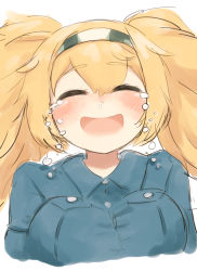 Rule 34 | 1girl, blonde hair, blouse, blue shirt, breast pocket, breasts, buttons, collared shirt, crying, closed eyes, gambier bay (kancolle), hair between eyes, hairband, happy, highres, kantai collection, large breasts, open mouth, pocket, shirt, simoyuki, smile, snot, tearing up, twintails, upper body, white background