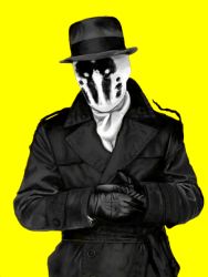 Rule 34 | 1boy, ascot, coat, dc comics, gloves, hat, male focus, mask, monochrome, no7, oekaki, rorschach, simple background, solo, tegaki, trench coat, watchmen, yellow background