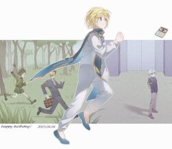 Rule 34 | 4boys, arm up, backpack, bag, black jacket, black pants, blonde hair, blue footwear, blue tabard, boots, briefcase, building, card, collared shirt, dated, day, english text, fishing rod, forest, formal, from side, full body, gate, gon freecss, green footwear, green jacket, green shorts, grey hair, hands in pockets, happy birthday, highres, holding, holding briefcase, hunter x hunter, jacket, killua zoldyck, kurapika, leorio paladiknight, long sleeves, looking ahead, looking at another, looking at viewer, looking back, male focus, mari (mmmmariiiiii), multiple boys, nature, outline, outside border, pants, profile, running, shirt, shoes, short hair, shorts, solo focus, spiked hair, standing, suit, sunglasses, tabard, white outline, white pants, white shirt