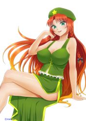 Rule 34 | 1girl, adapted costume, aqua eyes, arm support, bad id, bad pixiv id, bare shoulders, braid, breasts, chinese clothes, cleavage, crossed legs, hair ribbon, highres, hong meiling, impossible clothes, large breasts, long hair, looking at viewer, naina, parted bangs, red hair, ribbon, ruffling hair, side slit, sitting, skirt, skirt set, smile, solo, tangzhuang, thighs, touhou, tress ribbon, twin braids