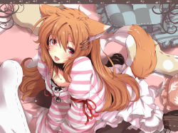 Rule 34 | 1girl, :p, animal ears, bad id, bad pixiv id, brown hair, dog ears, dog tail, fox ears, fox tail, nejime, original, red eyes, solo, striped, tail, tongue, tongue out