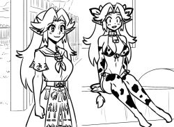 1girl alternate_costume animal_ears animal_print arm_support bed bell bikini blush breasts commentary cow_ears cow_horns cow_print cow_print_bikini cow_print_gloves cow_print_thighhighs cowbell elbow_gloves english_commentary front-tie_bikini_top front-tie_top gloves greyscale halterneck horns lineart long_hair malon matsu-sensei monochrome multiple_views navel neckerchief nintendo on_bed pointy_ears print_bikini print_gloves print_thighhighs shirt side-tie_bikini_bottom sitting swimsuit the_legend_of_zelda the_legend_of_zelda:_ocarina_of_time thighhighs triforce