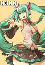 Rule 34 | 1girl, :d, aqua eyes, aqua hair, armpits, bare shoulders, detached sleeves, fingernails, hand on own chest, hatsune miku, headset, hitoto, long hair, nail polish, navel, necktie, open mouth, skirt, smile, solo, twintails, very long hair, vocaloid, wide hips