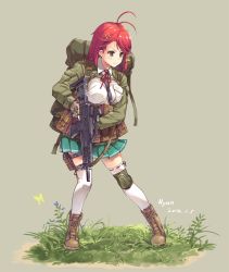Rule 34 | 1girl, antenna hair, backpack, bag, boots, brown eyes, bug, butterfly, combat boots, eotech, g36k, gun, hair ornament, hairclip, handgun, insect, knee pads, load bearing vest, military, military uniform, nyan (themare), original, pistol, red hair, school uniform, solo, themare, thighhighs, trigger discipline, uniform, weapon, white thighhighs, zettai ryouiki