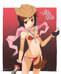 Rule 34 | &gt;:), 1girl, amami haruka, aya (oneechanbara), aya (oneechanbara) (cosplay), bikini, black gloves, bodypaint, brown hat, closed mouth, cosplay, cowboy hat, cowboy shot, female focus, fingerless gloves, flat chest, gloves, gradient hair, hat, holding, holding sword, holding weapon, holster, idolmaster, idolmaster (classic), idolmaster 1, jewelry, lips, looking at viewer, multicolored hair, navel, necklace, noripachi, o-ring, o-ring bottom, oneechanbara, pink scarf, red bikini, red lips, scarf, sketch, solo, stampede string, standing, stomach, string bikini, swimsuit, sword, thigh holster, thigh strap, unsheathed, v-shaped eyebrows, weapon