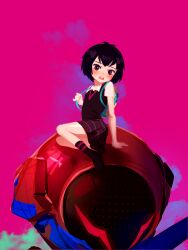 Rule 34 | 1girl, arm support, backpack, bag, black footwear, black hair, black skirt, black socks, black sweater vest, blush, breasts, commentary, english commentary, full body, highres, holding strap, looking at viewer, marvel, nizumihd, on mecha, open mouth, peni parker, pink background, plaid, plaid skirt, pleated skirt, school uniform, shirt, short hair, sitting, skirt, small breasts, socks, solo, sp//dr, spider-man: into the spider-verse, spider-man (series), spider-verse, sweater vest, white shirt, yokozuwari