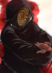 Rule 34 | 1boy, black hair, blood, blood stain, embers, from side, highres, hood, hood up, male focus, mocca1226, naruto (series), naruto shippuuden, official alternate costume, outstretched arms, red eyes, sharingan, solo, tobi (naruto), upper body