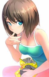 Rule 34 | 10s, 1girl, blue eyes, breasts, brown hair, chips (food), controller, eating, food, game console, game controller, hair ornament, hairclip, kantai collection, magenta (atyana), maya (kancolle), medium breasts, shirt, short hair, sleeveless, solo, sony, video game